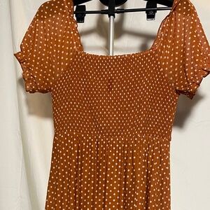 Siren Lily Rust Polka Dot Midi Dress Large Smocked Puff Sleeve Cottagecore